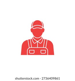 Red silhouette of a man wearing a cap and overalls