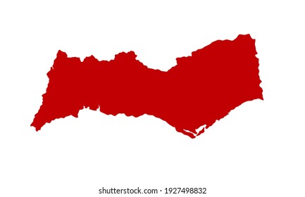 Red silhouette of a map of the Algarve city in southern Portugal on a white background
