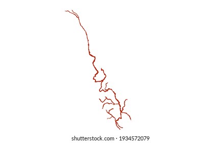 Red silhouette of a map of the Mekong river in asia on a white background