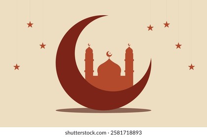 Red Silhouette Mosque with Crescent and Hanging Star for Islamic Background