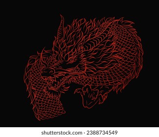 Red silhouette of outline dragon snake on black background. Gothic poster with Asian mythology reptile and zodiac astrology sign for t-shirts of tattoo