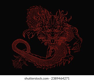 Red silhouette of outline dragon snake on black background. Gothic poster with Asian mythology reptile and zodiac astrology sign for t-shirts of tattoo