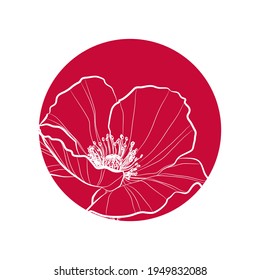 Red silhouette of poppy flower (Papaver somniferum) in red circle. Vector illustration.