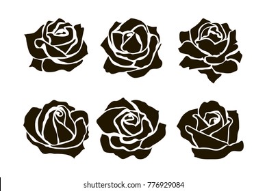 Red silhouette of rose. Set of vector black silhouettes of rose flowers isolated on a white background.