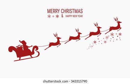  Red Silhouette. Santa claus flying with reindeer sleigh. Cartoon Vector Illustration.