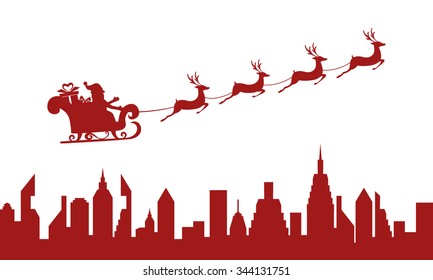  Red Silhouette. Santa claus flying over a city with reindeer sleigh. Cartoon Vector Illustration.