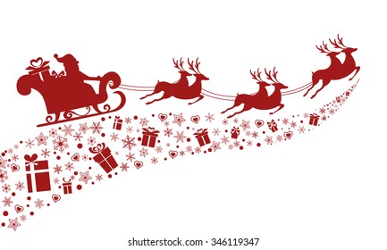  Silhouette roja. Santa Claus vuela con trineo de reno. Ilustración de vectores de dibujos animados.