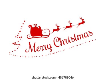 Red Silhouette. Santa claus flying with reindeer sleigh. Cartoon Vector Illustration.