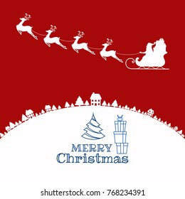Red Silhouette. Santa claus flying with reindeer sleigh on sky to village. Cartoon Vector Illustration.