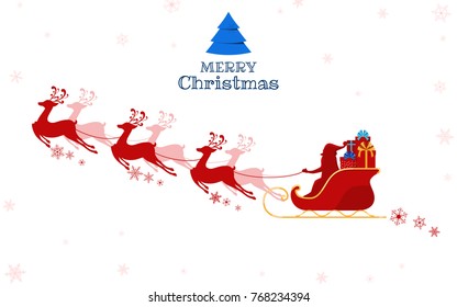 Red Silhouette. Santa claus flying with reindeer sleigh. Cartoon Vector Illustration.