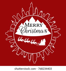 Red Silhouette. Santa claus flying with reindeer sleigh on sky to a city. Cartoon Vector Illustration.