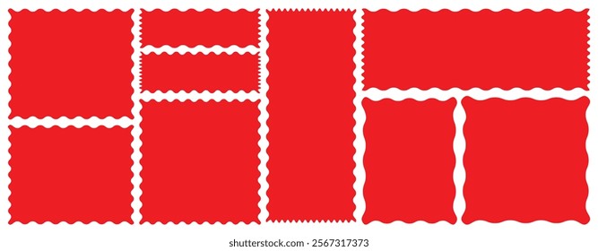 Red silhouette scalloped frames. Geometric shapes stickers with zigzag wavy edge. Set of frames with zigzag edge, scallop edge shape. red color frame