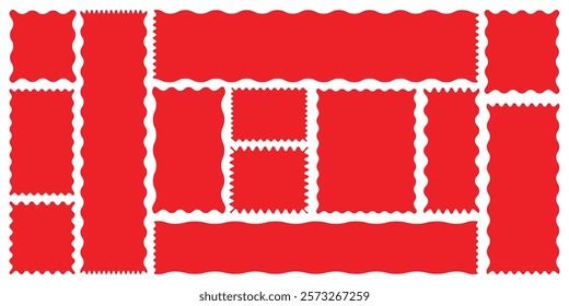 Red silhouette scalloped frames. Geometric shapes stickers with zigzag wavy edge. Set of frames with zigzag edge, scallop edge shape. red color frame, vector illustration.