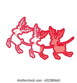 red silhouette with set of three funny reindeers vector illustration