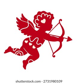 silhueta vermelha de pequeno cupido voador segurando arco e mirando seta de amor