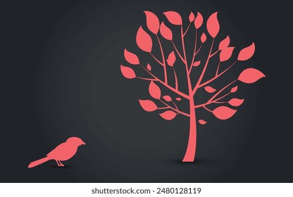 Red silhouette of tree and bird on dark background. Vector