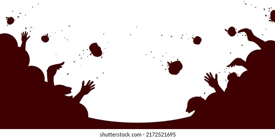 Red silhouette with two groups of people playing tomato battle over white background.