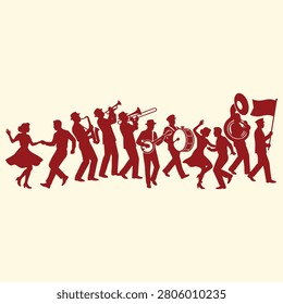 Red silhouette vector of a vintage jazz marching band and swing dancers. Flat vector illustration EPS 10.