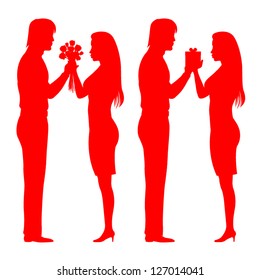 Red silhouettes couple relationship, man and woman, giving flowers and a present box Vector illustration