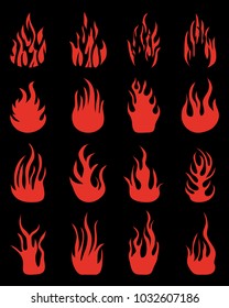 Red silhouettes of fire flames, set icons