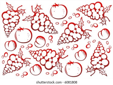 Red silhouettes of grapes, oranges and peaches on a white background.
