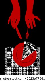 Red silhouettes of hands with a fork and a knife cutting a slice of pizza drawn in white vintage line style in a saucer on checkered napkin on black background. Vector illustration