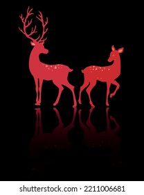 Red silhouettes of male and female deer on black background. New Year's deer. Vector illustration.