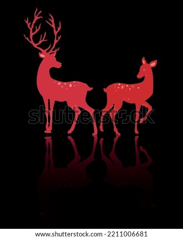Red silhouettes of male and female deer on black background. New Year's deer. Vector illustration. Imagine de stoc © 