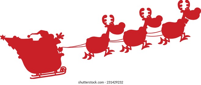 Red Silhouettes Of Santa Claus In Flight With His Reindeer And Sleigh. Vector Illustration Isolated On White Background