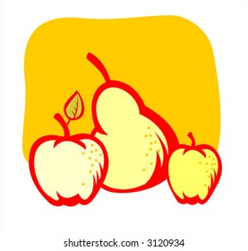 Red silhouettes of two apples and pear on a yellow background.