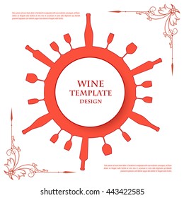 Red silhouettes of wine attributes on an indistinct background. Vector illustration