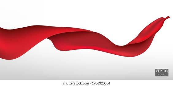 Rote Seide auf weißem Hintergrund geblasen. Rotes, fliegendes Seidengewebe in der Luft. Vektorflatteratine.