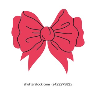 Arco de seda rojo. Arco de seda dibujado a mano para las cajas de regalo de vacaciones, decoración de cinta de cumpleaños ilustración vectorial plana. Arco escarlata en blanco