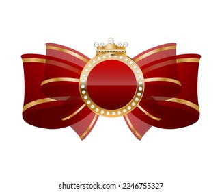 Red silk bow with VIP in round diamond frame with crown. Vector illustration.