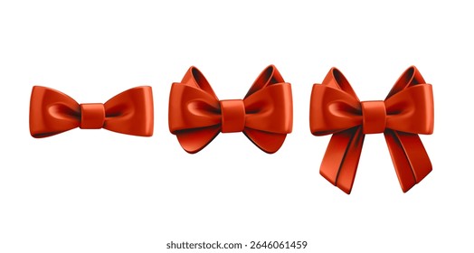 Sammlung roter Seidenbögen einzeln auf weißem Hintergrund. 3D-Vektorclipart
