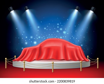 Red silk car covered. Realistic secret gift hidden under cloth, textile drapery, surprise on round podium with blue spotlights, presentation stage, marketing presentation, utter vector concept