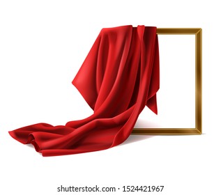 Red silk cloth cover wooden painting frame isolated on white background. Fabric drapery curtain and empty picture or photo border mockup for gallery presentation. Realistic 3d vector illustration