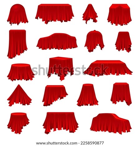 Red silk cloth covered different objects set. Drapery fabric covering table, car, box. Secret gifts hidden under red fabric cartoon vector
