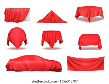 Red silk cloth covered objects realistic set. Vector illustration