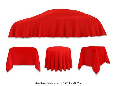Red silk cloth covered objects, hanging napkin or tablecloth on car, square, round and rectangular tables. Vector pedestals with realistic folded fabric, new auto presentation, award isolated 3d set