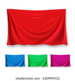 Red Silk Cloth Set Vector. Fabric Cloth Waving Shape. For Presentation. Banner. Velvet Luxury Textile Drapery. 3D Realistic Decoration Element Isolated Illustration