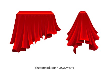 Red Silk Cloth or Smooth Fabric Covering Different Objects Vector Set