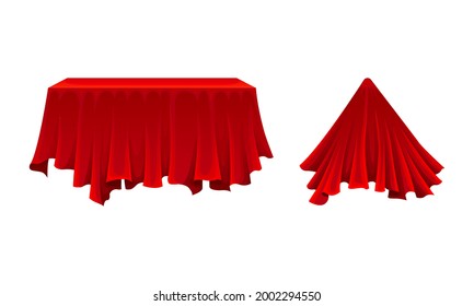 Red Silk Cloth or Smooth Fabric Covering Different Objects Vector Set