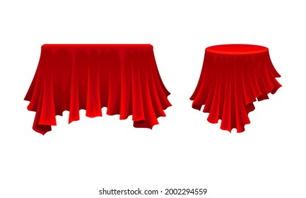 Red Silk Cloth or Smooth Fabric Covering Different Objects Vector Set