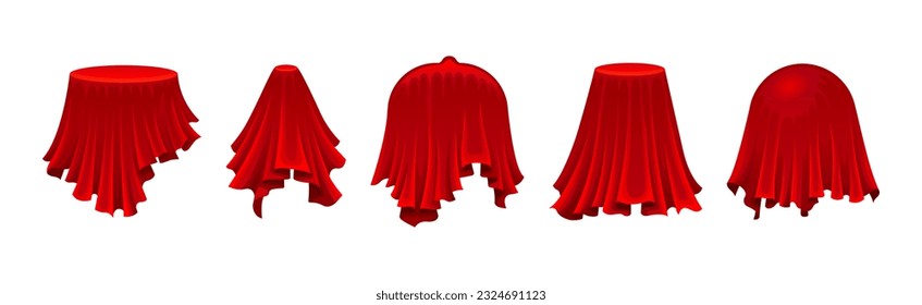 Red Silk Cloth or Smooth Fabric Covering Different Objects Vector Set