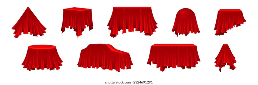 Red Silk Cloth or Smooth Fabric Covering Different Objects Vector Set