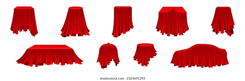 Red Silk Cloth or Smooth Fabric Covering Different Objects Vector Set