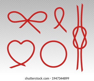 Red Silk Cords Heart, Bow, Round Frame And Knot Of Satin Rope, Scarlet Threads, Decorative Sewing Items Tie Border, Curve And Twisted Ribbons Isolated On Transparent Background Realistic 3d Vector Set