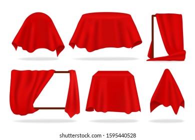 Red silk cover. Realistic covered objects with cloth draped or reveal curtain, red napkin or tablecloth. Vector 3D isolated illustration set covering to be revealed shape object on white background