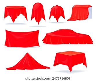 Red silk cover. Reveal curtain mysterious hidden object, velvet fabric secret product unveil hide award surprise under blanket cloth table or box, covered neat vector illustration